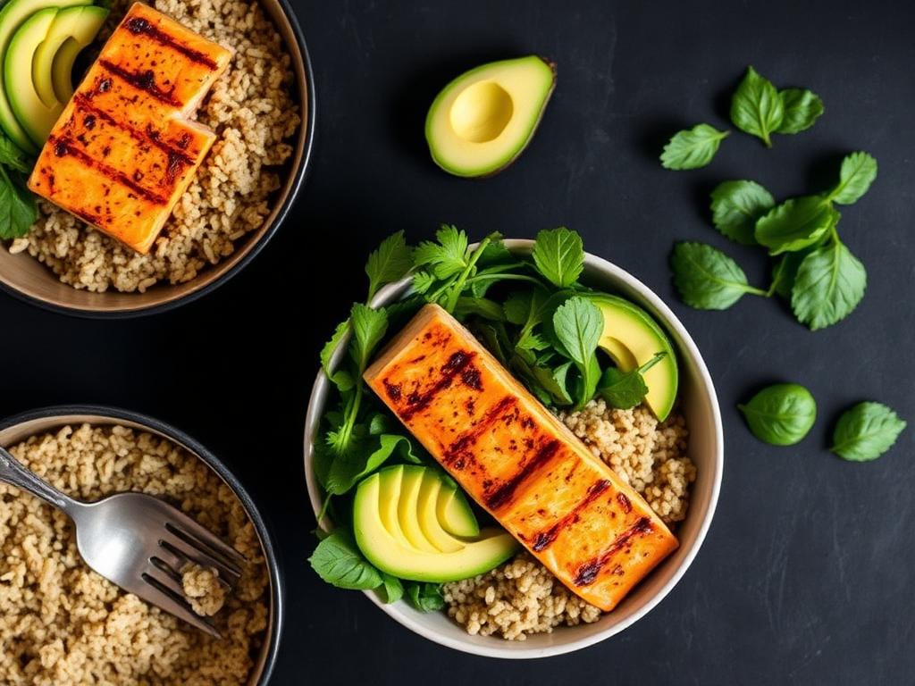 Prepared meal bowls with salmon, quinoa, avocado and greens